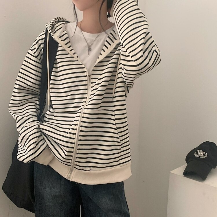 여리여리 스트라이프 루즈핏 후드집업점퍼 아이보리