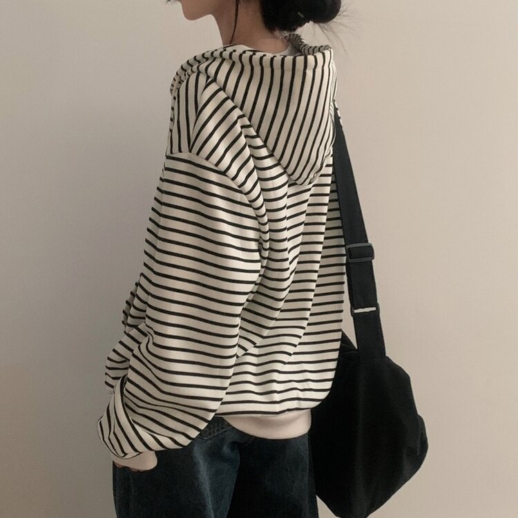 여리여리 스트라이프 루즈핏 후드집업점퍼 아이보리