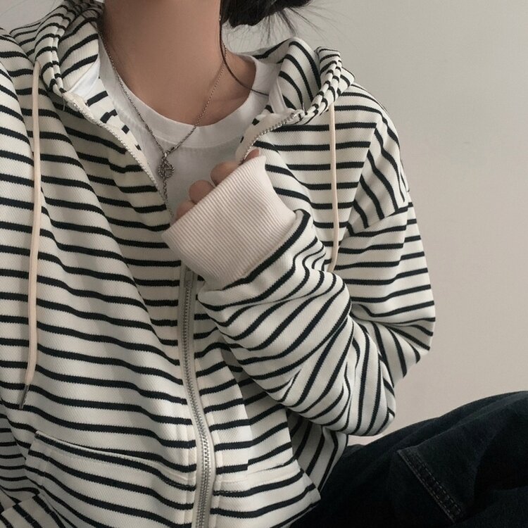 여리여리 스트라이프 루즈핏 후드집업점퍼 아이보리