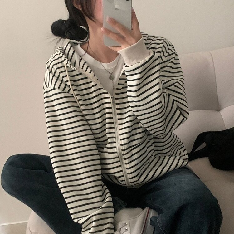 여리여리 스트라이프 루즈핏 후드집업점퍼 아이보리