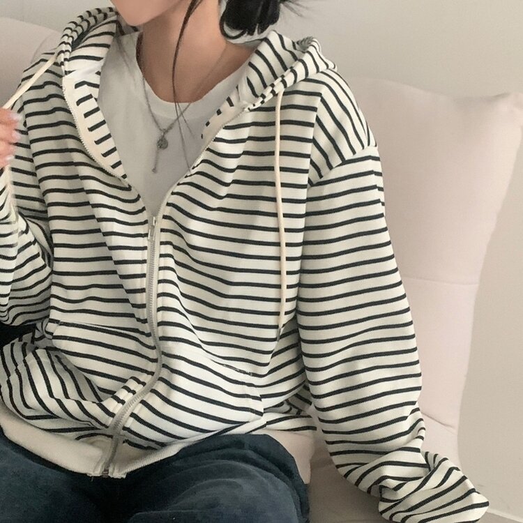 여리여리 스트라이프 루즈핏 후드집업점퍼 아이보리