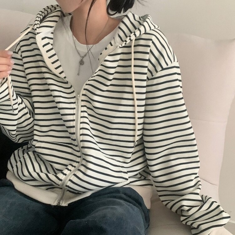 여리여리 스트라이프 루즈핏 후드집업점퍼 아이보리