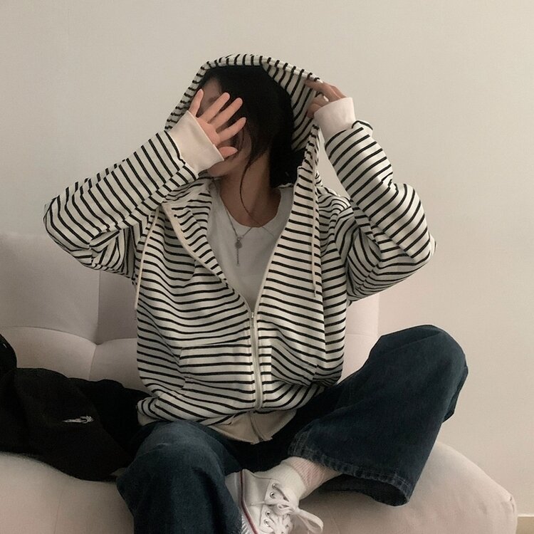 여리여리 스트라이프 루즈핏 후드집업점퍼 아이보리