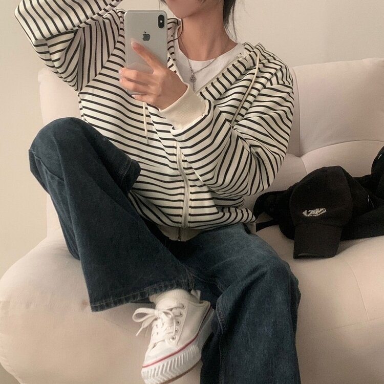 여리여리 스트라이프 루즈핏 후드집업점퍼 아이보리