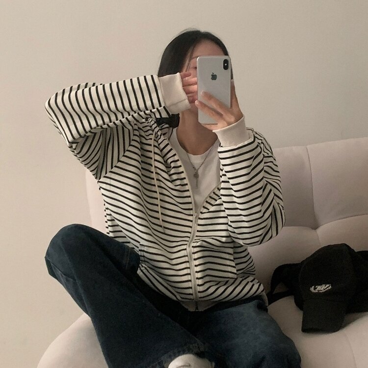 여리여리 스트라이프 루즈핏 후드집업점퍼 아이보리