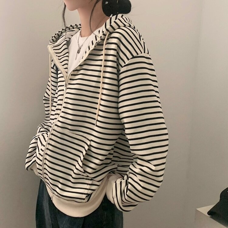 여리여리 스트라이프 루즈핏 후드집업점퍼 아이보리