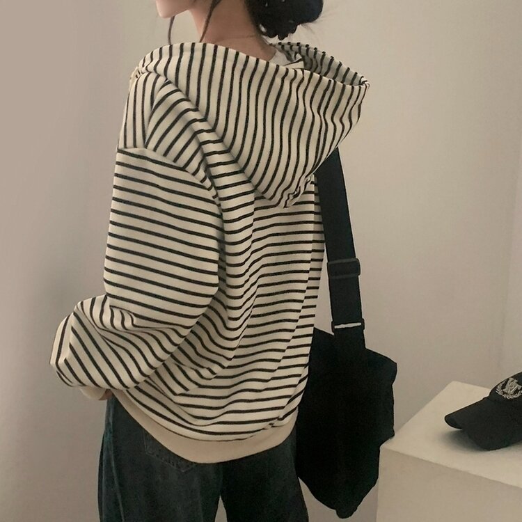 여리여리 스트라이프 루즈핏 후드집업점퍼 아이보리