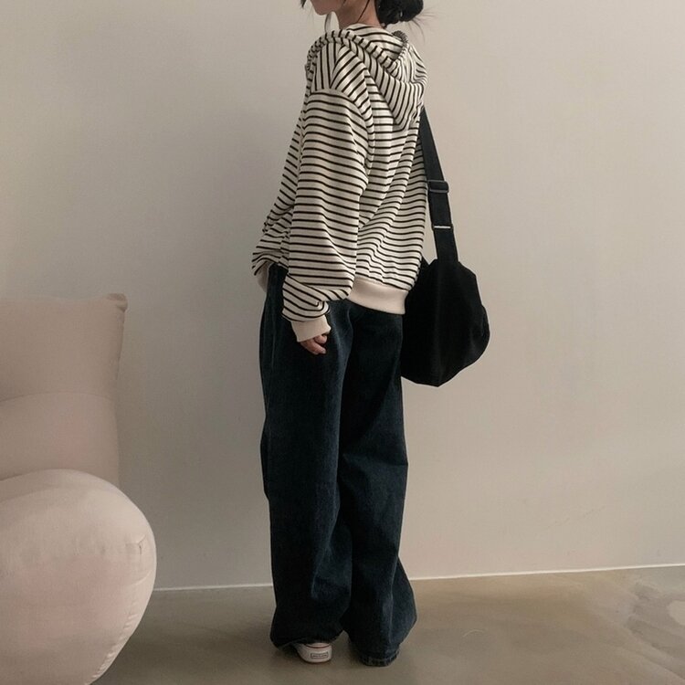 여리여리 스트라이프 루즈핏 후드집업점퍼 아이보리