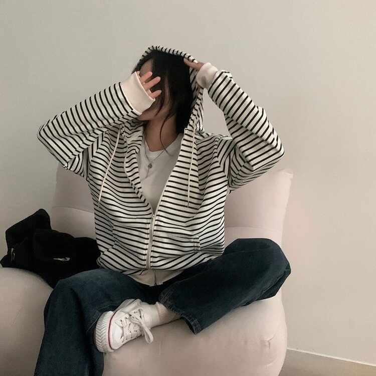 여리여리 스트라이프 루즈핏 후드집업점퍼 아이보리