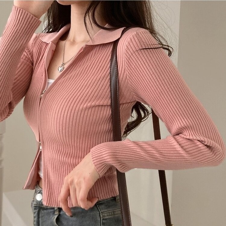 프레디 골지 카라 투웨이 긴팔 집업 핑크