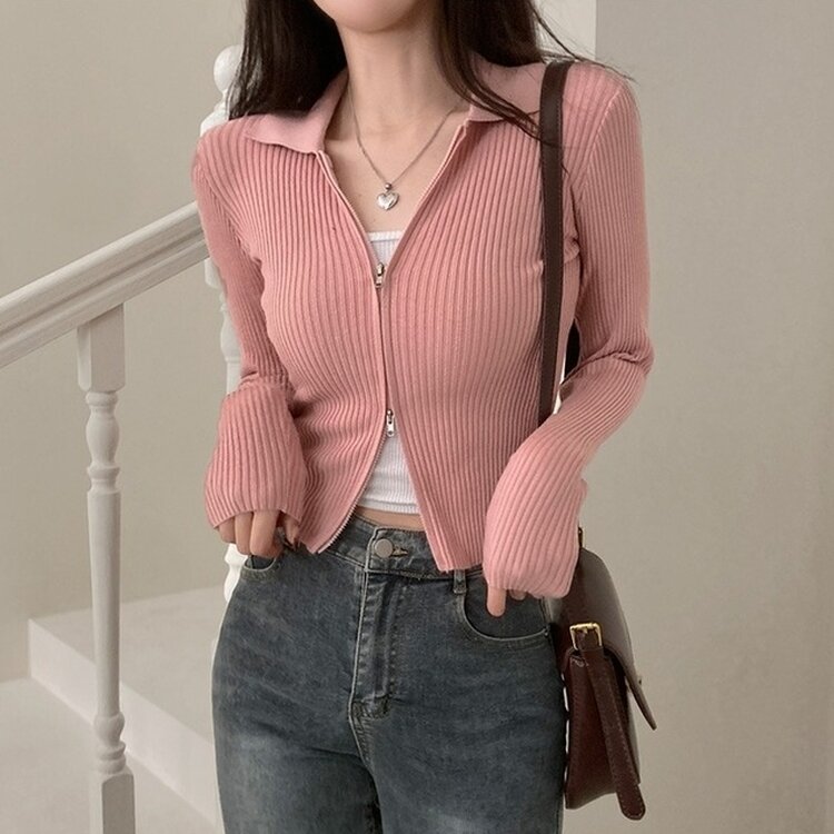 프레디 골지 카라 투웨이 긴팔 집업 핑크