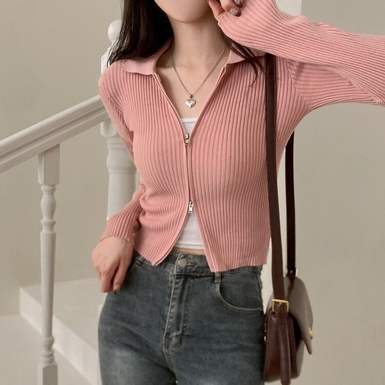 프레디 골지 카라 투웨이 긴팔 집업 핑크