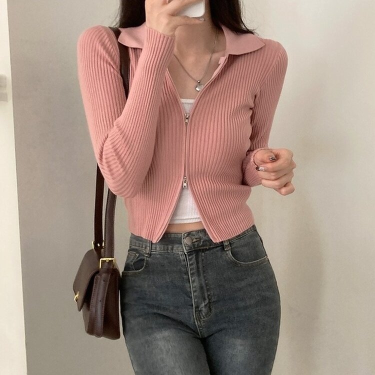 프레디 골지 카라 투웨이 긴팔 집업 핑크