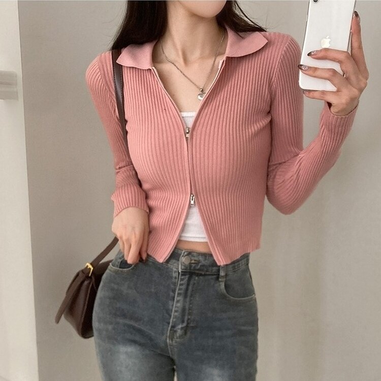 프레디 골지 카라 투웨이 긴팔 집업 핑크