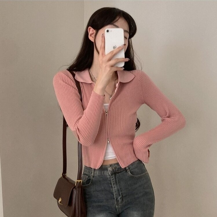 프레디 골지 카라 투웨이 긴팔 집업 핑크