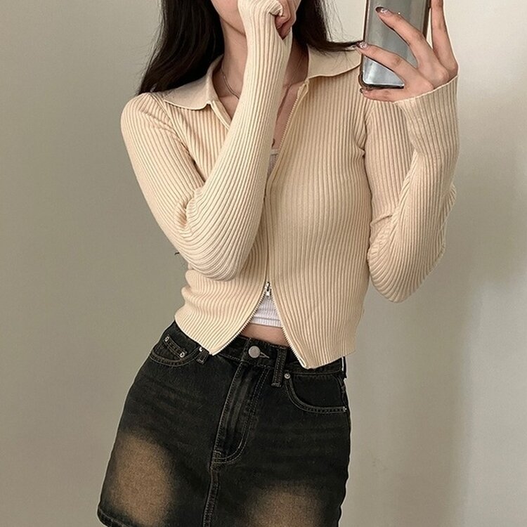 프레디 골지 카라 투웨이 긴팔 집업 베이지