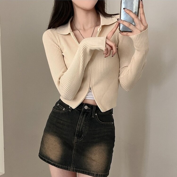 프레디 골지 카라 투웨이 긴팔 집업 베이지