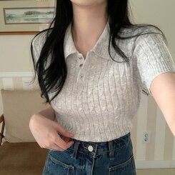 ニット カシミアミューカラ半袖ニット6色 LIGHT GRAY