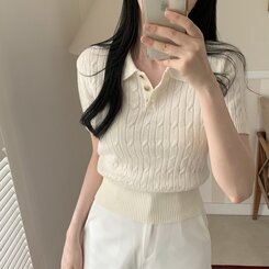 ニット カシミアミューカラ半袖ニット6色 IVORY
