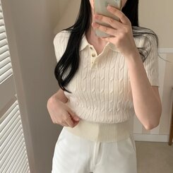 ニット カシミアミューカラ半袖ニット6色 IVORY
