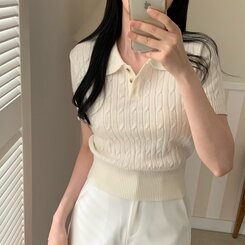 ニット カシミアミューカラ半袖ニット6色 IVORY