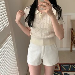 ニット カシミアミューカラ半袖ニット6色 IVORY