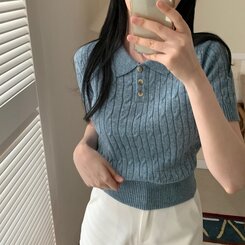 ニット カシミアミューカラ半袖ニット6色 BLUE