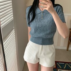 ニット カシミアミューカラ半袖ニット6色 BLUE
