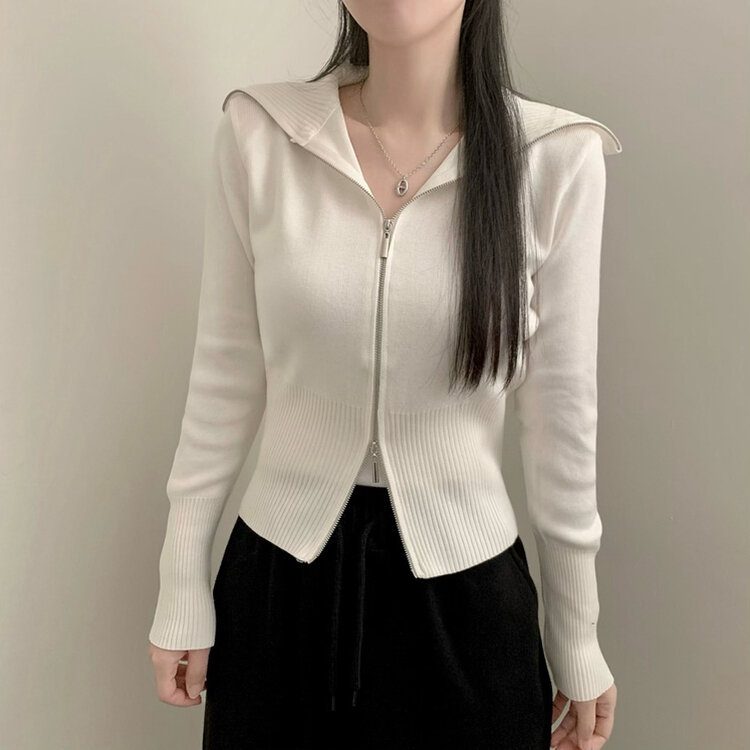 투웨이 카라 긴팔 니트 집업 가디건 아이보리