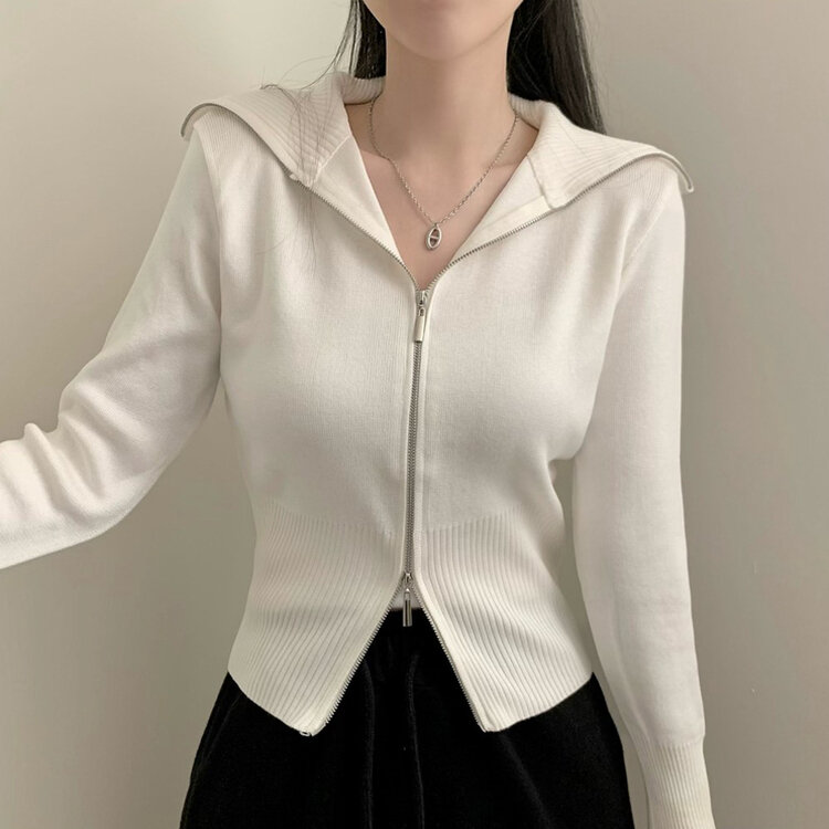 투웨이 카라 긴팔 니트 집업 가디건 아이보리