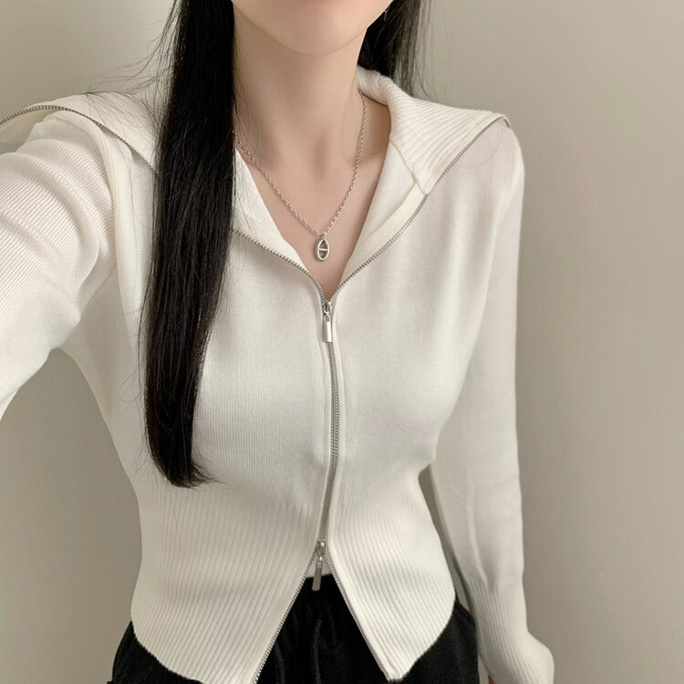 투웨이 카라 긴팔 니트 집업 가디건 아이보리