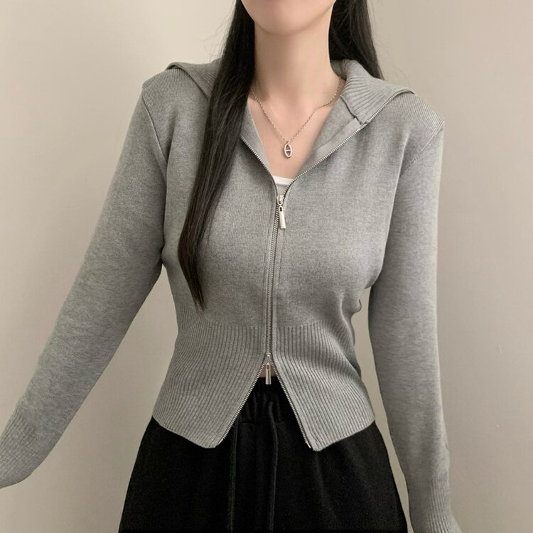 투웨이 카라 긴팔 니트 집업 가디건 그레이