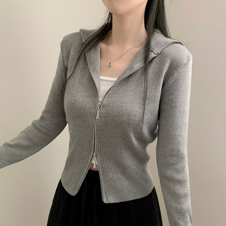 투웨이 카라 긴팔 니트 집업 가디건 그레이