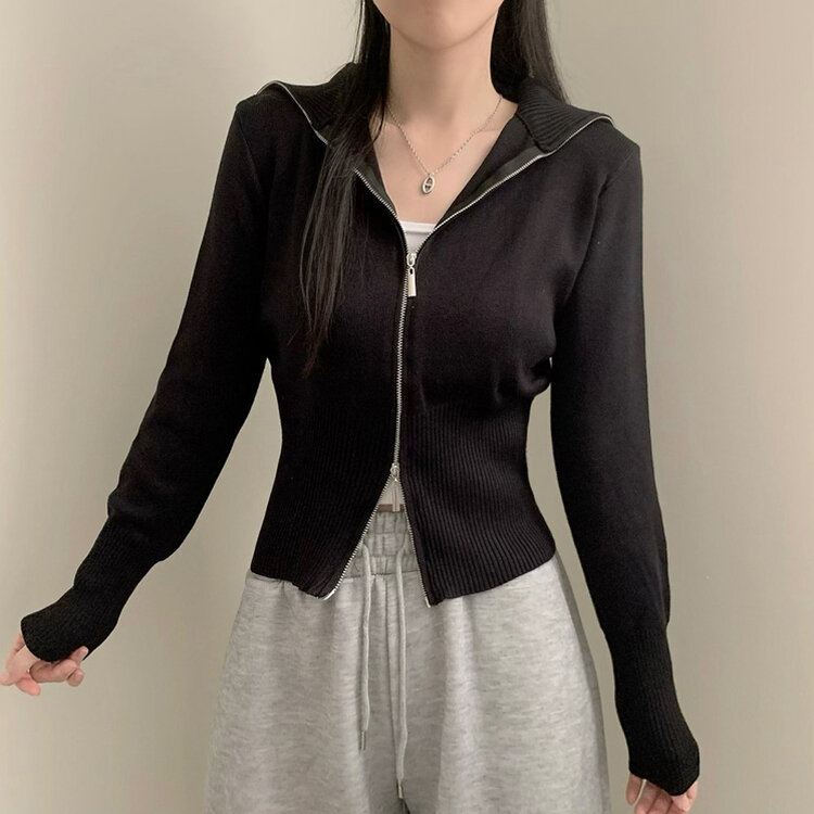 투웨이 카라 긴팔 니트 집업 가디건 블랙