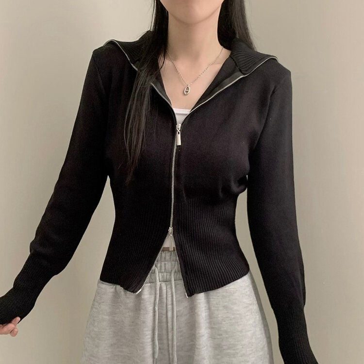 투웨이 카라 긴팔 니트 집업 가디건 블랙