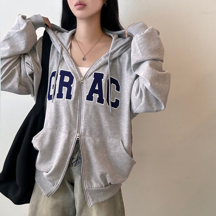 2WAYレタリングオーバーフィット長袖フードジップアップ5色