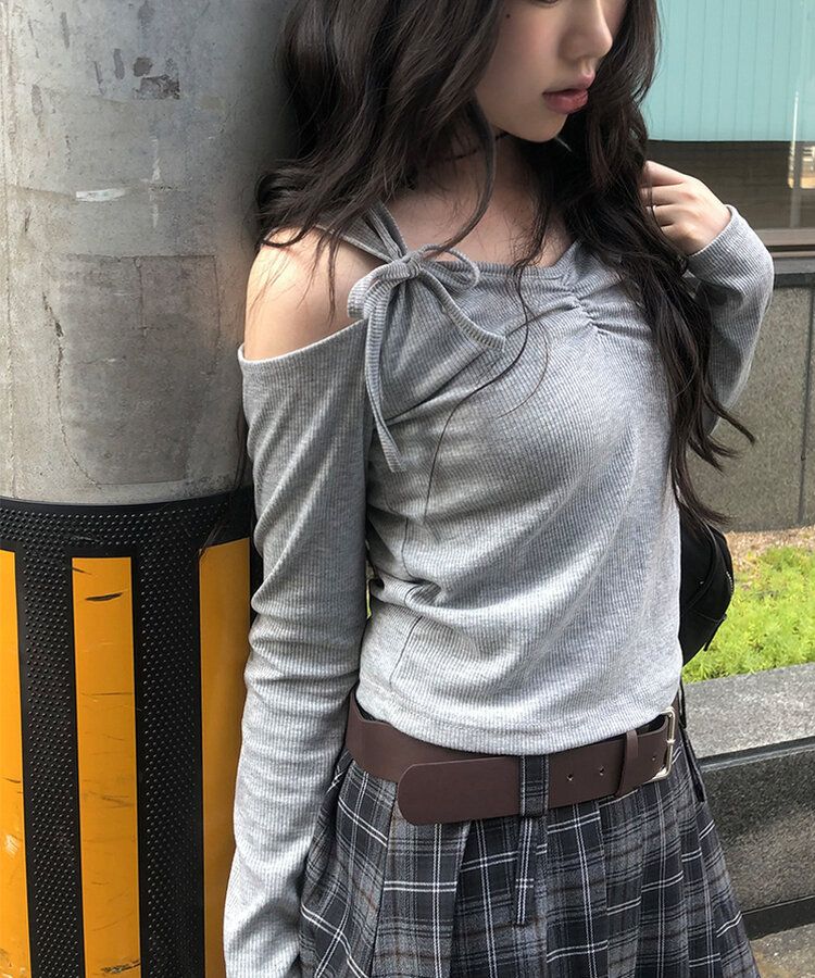 フショルダースリット リボン長袖 Tシャツ GRAY