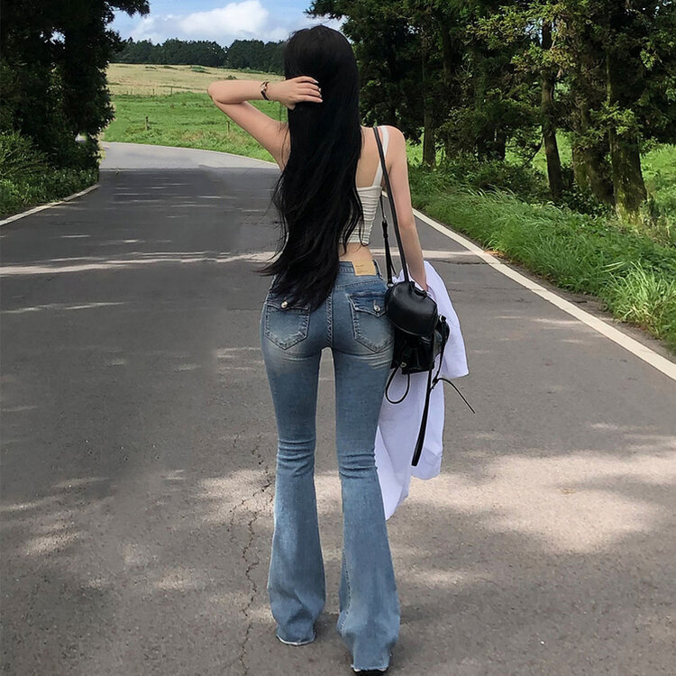 【SHORT/LONG 丈別】ローライズデニムブーツカットパンツ LIGHT BLUE