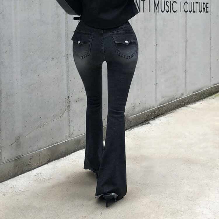 【SHORT/LONG 丈別】ローライズデニムブーツカットパンツ BLACK