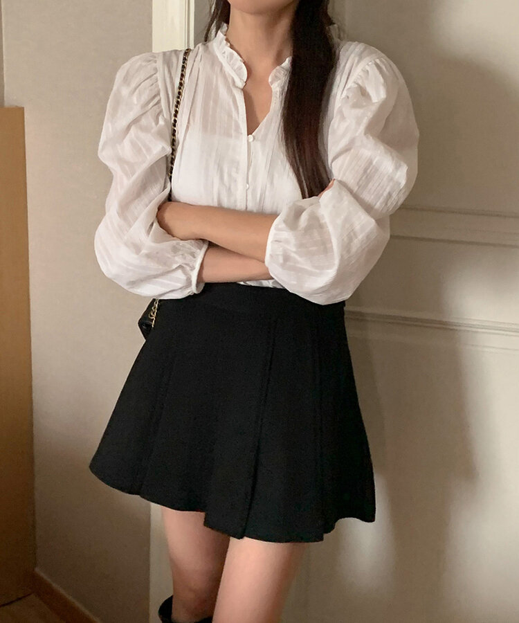 sono ブラック パフスリーブ ブラウス フリルピンタックパフブラウス｜ブラウス｜韓国ファッション通販