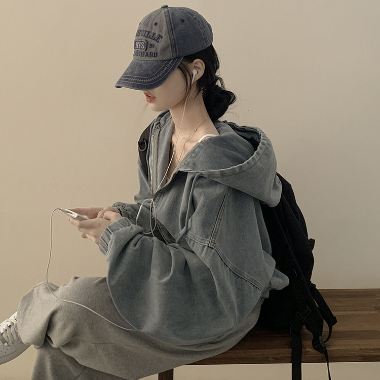 ビッグフードデニムジャケットフードジップアップ｜ジャンパー｜韓国