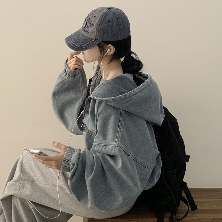 ビッグフードデニムジャケットフードジップアップ|ジャンパー|韓国 ビッグフードデニムジャケットフードジップアップ|ジャンパー|韓国
