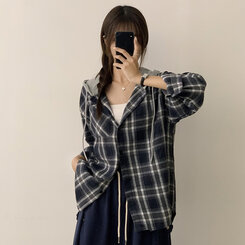 ビンテージY2Kオーバーフィットフードチェックシャツ｜シャツ｜韓国