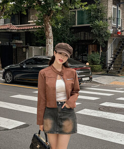 スタンダードポケットスエードセミクロップ長袖ジャケット BROWN