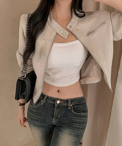 スタンダードポケットスエードセミクロップ長袖ジャケット BEIGE