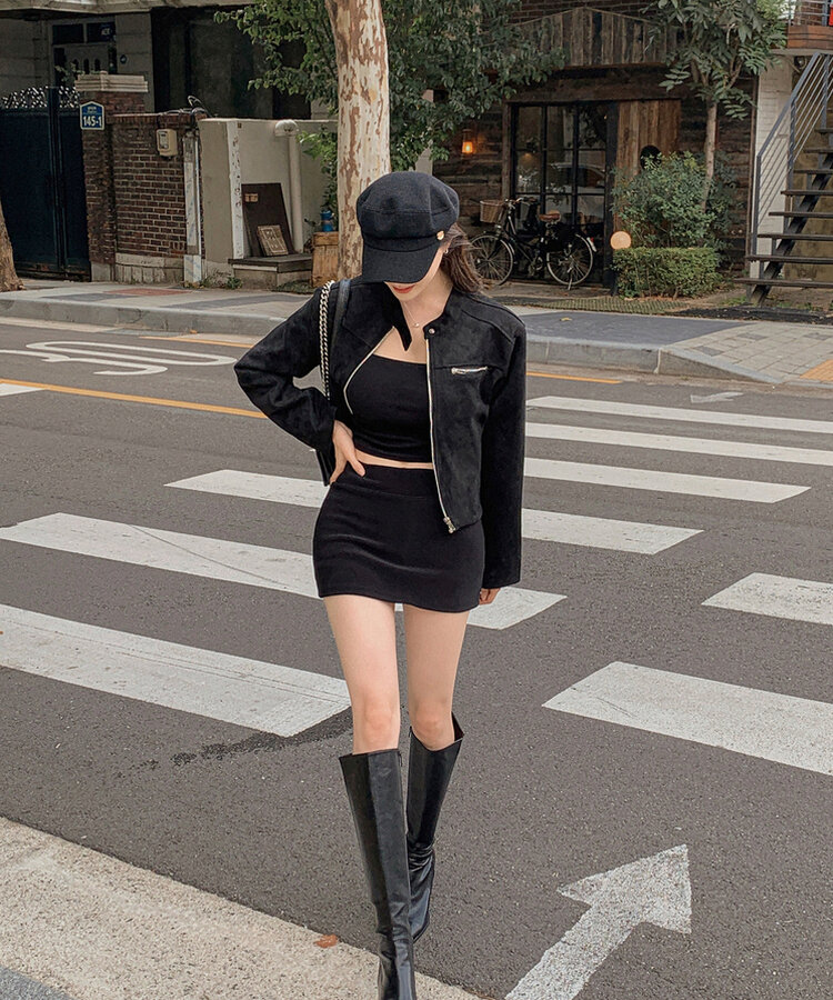 スタンダードポケットスエードセミクロップ長袖ジャケット BLACK