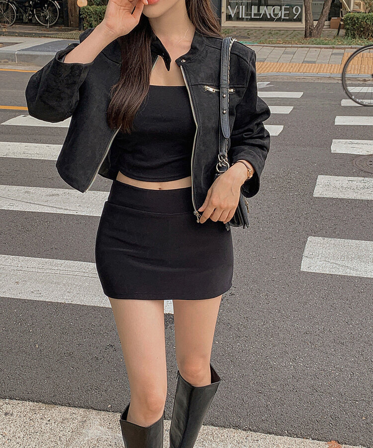 スタンダードポケットスエードセミクロップ長袖ジャケット BLACK