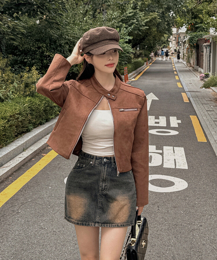 スタンダードポケットスエードセミクロップ長袖ジャケット BROWN