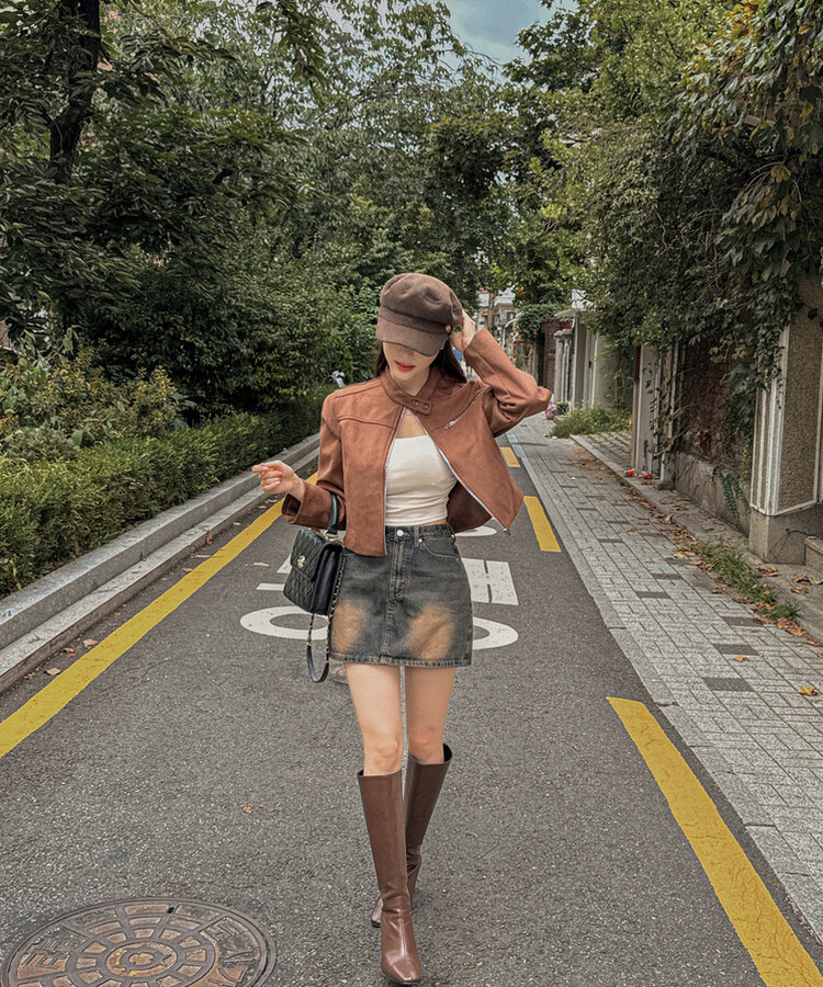 スタンダードポケットスエードセミクロップ長袖ジャケット BROWN