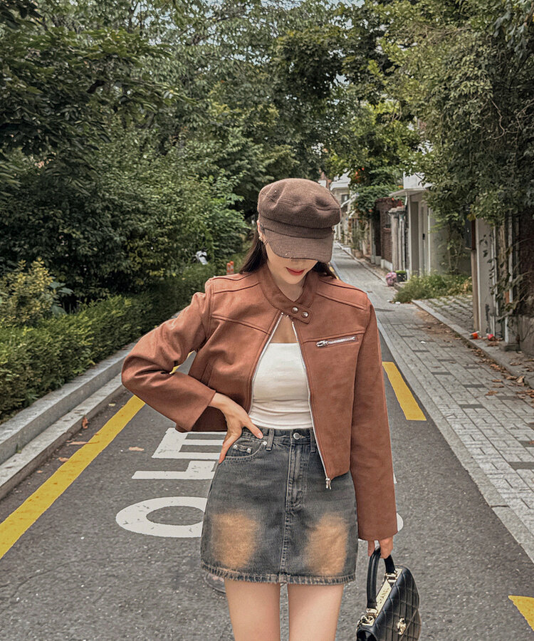 スタンダードポケットスエードセミクロップ長袖ジャケット BROWN